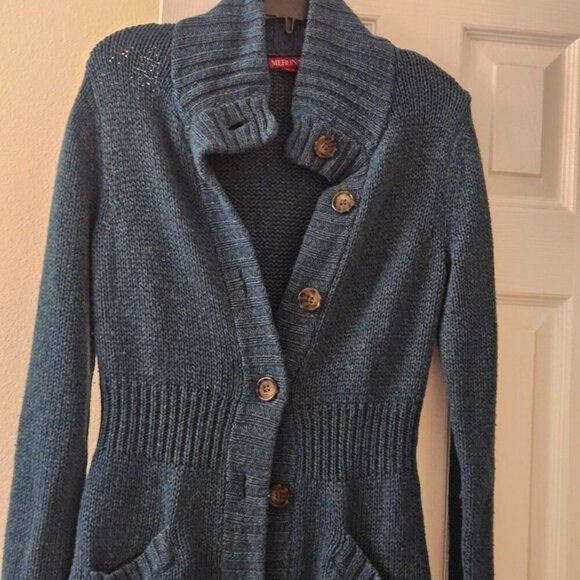 Sonoma blue long line cardigan Brown buttons winter wear pockets warm wool M - Picture 5 of 15